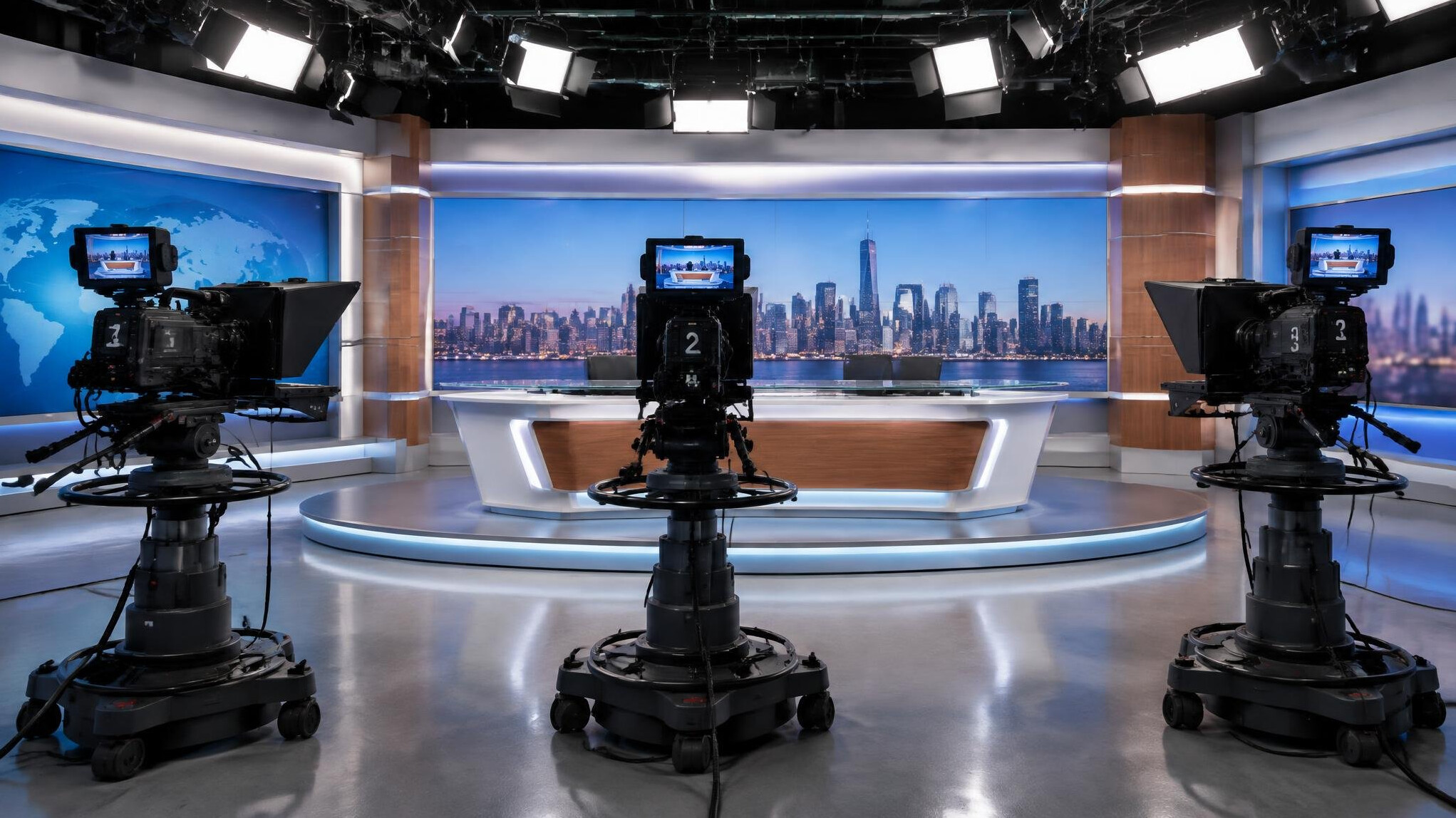 Television studio with multiple cameras set up for a live broadcast